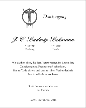 Traueranzeige von J. C. Ludwig Lehmann von Gmünder Tagespost