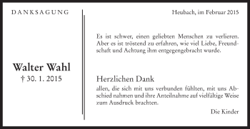 Traueranzeige von Walter Wahl von Gmünder Tagespost