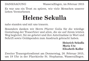 Traueranzeige von Helene Sekulla von Schwäbische Post