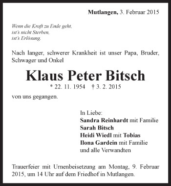 Traueranzeige von Klaus Peter Bitsch von Gmünder Tagespost