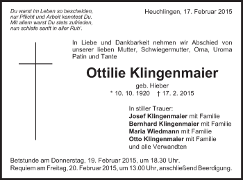 Traueranzeige von Ottilie Klingenmaier von Gmünder Tagespost