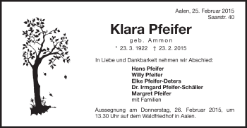 Traueranzeige von Klara Pfeifer von Schwäbische Post