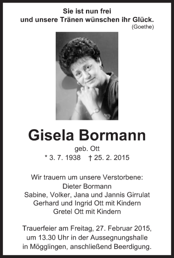 Traueranzeige von Gisela Bormann von Gmünder Tagespost