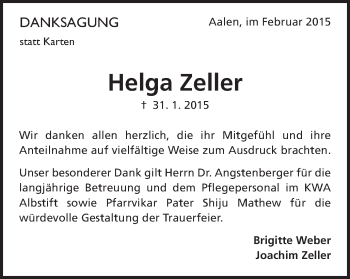 Traueranzeige von Helga Zeller von Schwäbische Post