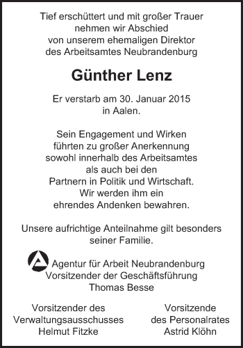 Traueranzeige von Günther Lenz von Schwäbische Post