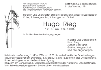 Traueranzeige von Hugo Rieg von Gmünder Tagespost