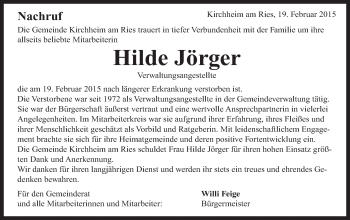 Traueranzeige von Hilde Jörger von Schwäbische Post
