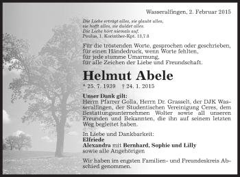 Traueranzeige von Helmut Abele von Schwäbische Post
