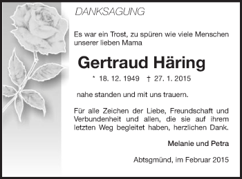 Traueranzeige von Gertraud Häring von Schwäbische Post