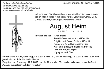 Traueranzeige von August Heim von Schwäbische Post