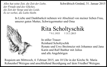 Traueranzeige von Rita Scholtyschik von Gmünder Tagespost