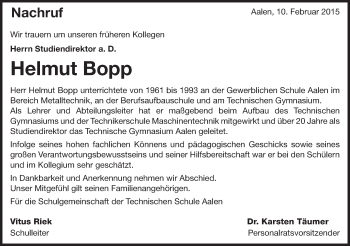 Traueranzeige von Helmut Bopp von Schwäbische Post
