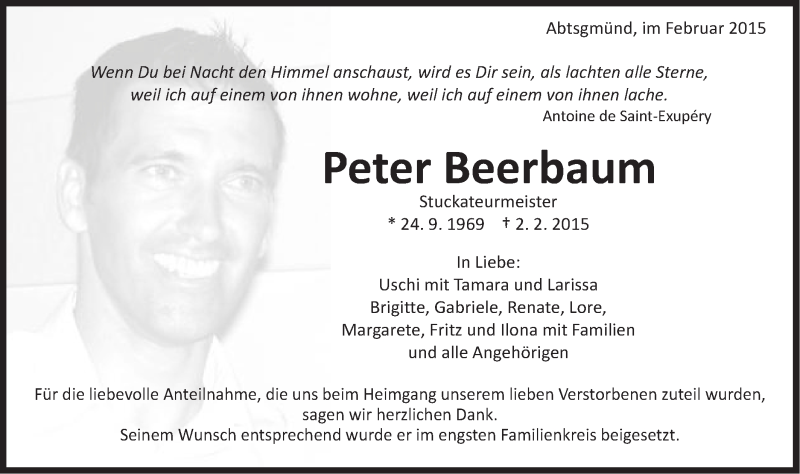  Traueranzeige für Peter Beerbaum vom 07.02.2015 aus Schwäbische Post