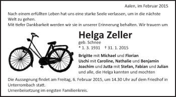Traueranzeige von Helga Zeller von Schwäbische Post