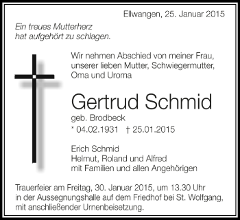 Traueranzeige von Gertrud Schmid von OstalbTrauer