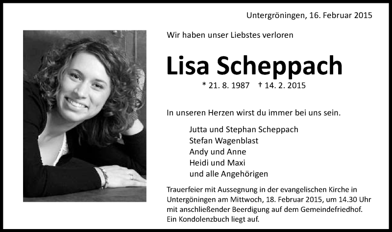 Traueranzeige für Lisa Scheppach vom 16.02.2015 aus Schwäbische Post