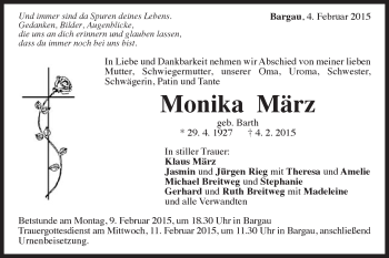 Traueranzeige von Monika März von Gmünder Tagespost