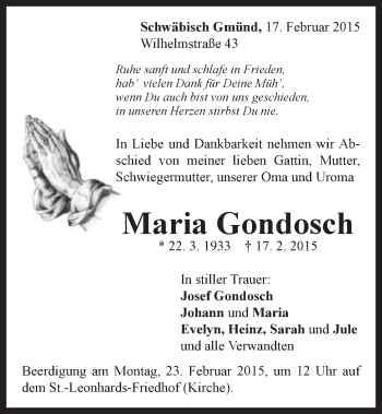 Traueranzeige von Maria Gondosch von Gmünder Tagespost