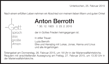 Traueranzeige von Anton Berroth von Schwäbische Post