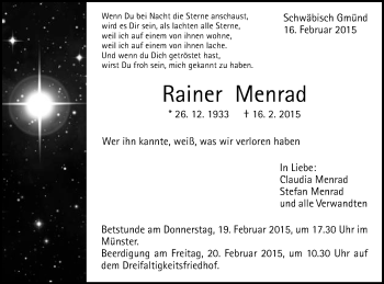 Traueranzeige von Rainer Menrad von Gmünder Tagespost