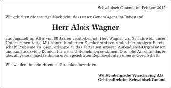 Traueranzeige von Alois Wagner von Schwäbische Post