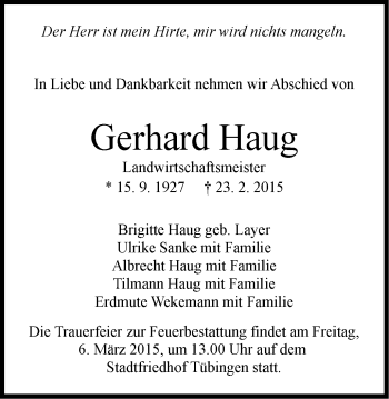 Traueranzeige von Gerhard Haug von Schwäbische Post