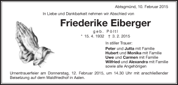 Traueranzeige von Friederike Eiberger von Schwäbische Post