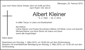 Traueranzeige von Albert Kleiner von Schwäbische Post