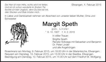 Traueranzeige von Margit Speth von Schwäbische Post
