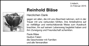 Traueranzeige von Reinhold Bläse von Gmünder Tagespost