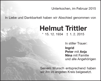 Traueranzeige von Helmut Trittler von Schwäbische Post