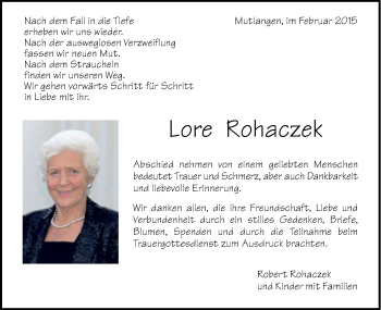 Traueranzeige von Lore Rohaczek von Gmünder Tagespost