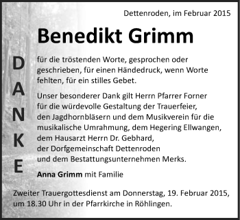 Traueranzeige von Benedikt Grimm von Schwäbische Post