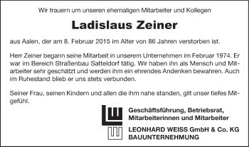 Traueranzeige von Ladislaus Zeiner von Schwäbische Post