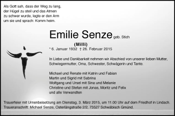 Traueranzeige von Emilie Senze von Gmünder Tagespost