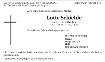 Traueranzeige von Lotte Schiehle von Schwäbische Post