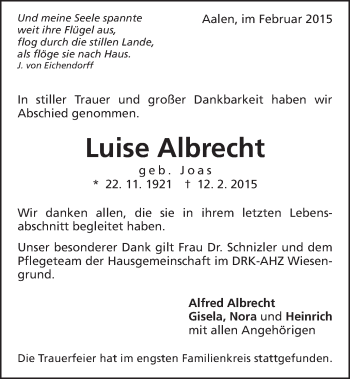 Traueranzeige von Luise Albrecht von Schwäbische Post