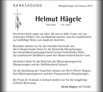 Traueranzeige von Helmut Hägele von Gmünder Tagespost