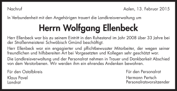 Traueranzeige von Wolfgang Ellenbeck von Gmünder Tagespost