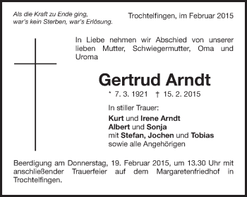 Traueranzeige von Gertrud Arndt von Schwäbische Post