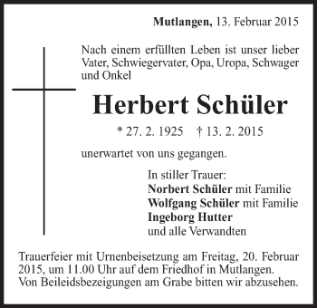 Traueranzeige von Herbert Schüler von Gmünder Tagespost
