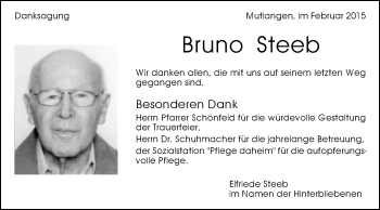Traueranzeige von Bruno Steeb von Gmünder Tagespost