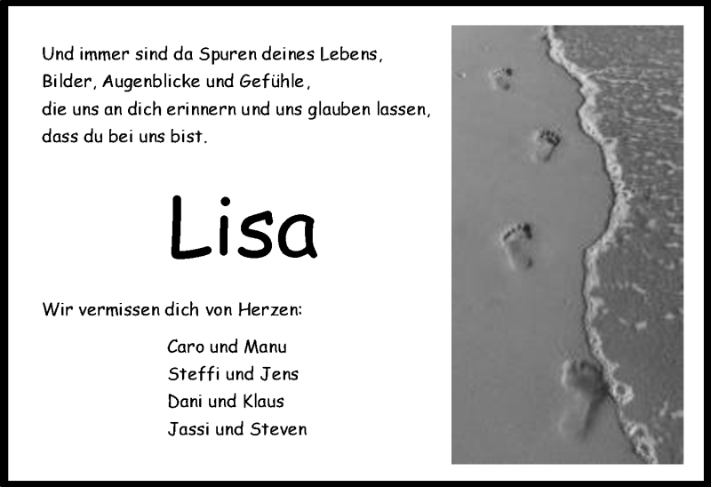  Traueranzeige für Lisa  vom 17.02.2015 aus Schwäbische Post