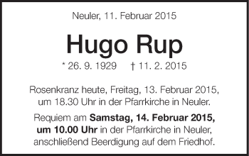 Traueranzeige von Hugo Rup von Schwäbische Post