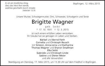 Traueranzeige von Brigitte Wagner von Schwäbische Post