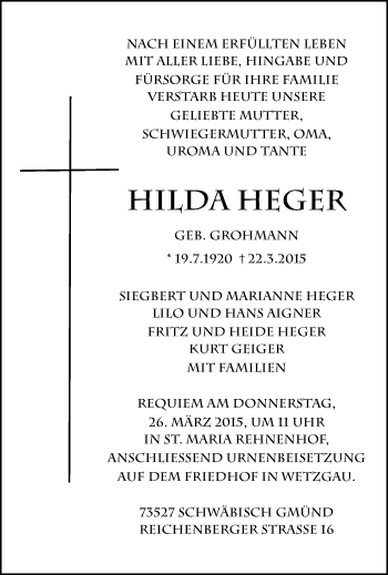 Traueranzeige von Hilda Heger von Gmünder Tagespost