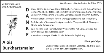 Traueranzeige von Alois Burkhartsmaier von Schwäbische Post