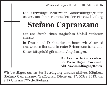 Traueranzeige von Stefano Capranzano von Schwäbische Post