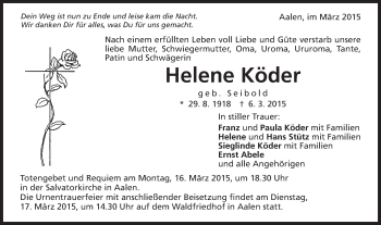 Traueranzeige von Helene Köder von Schwäbische Post