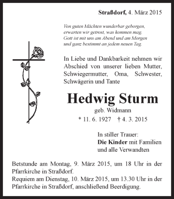 Traueranzeige von Hedwig Sturm von Gmünder Tagespost